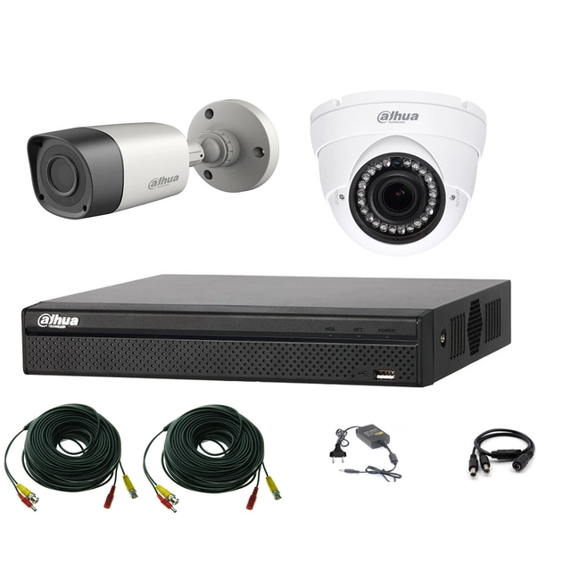 Blandat professionellt Dahua HDCVI videoövervakningssystem, 2 kameror 2MP IR Smart 20m med DVR DAHUA 4 kanaler, tillbehör, live internet