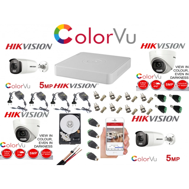 Blandat professionellt övervakningspaket Hikvision Color Vu 4 kameror 5MP IR40m och IR20m DVR 4 kanaler fulla tillbehör och HDD 1TB