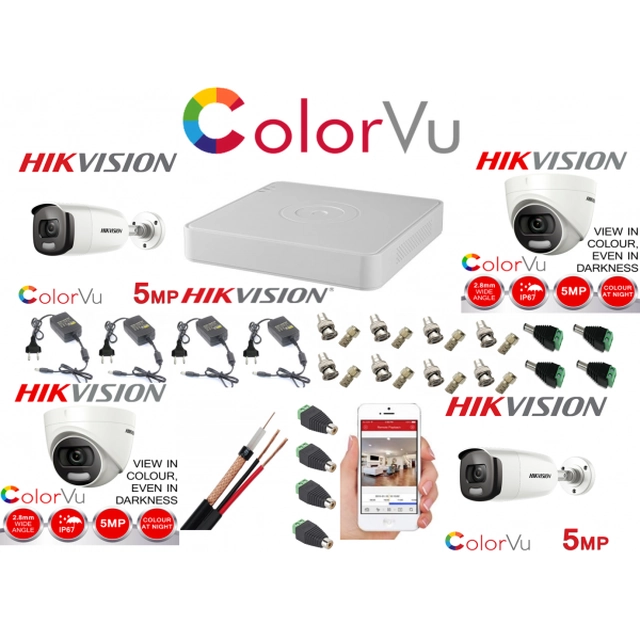 Blandet professionelt overvågningssæt Hikvision Color Vu 4 kameraer 5MP IR40m og IR20m, komplet tilbehør