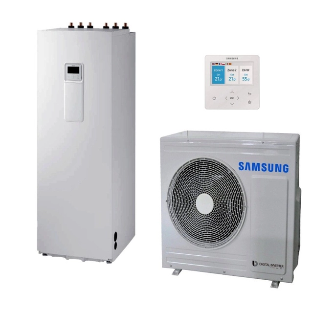 Bomba de calor ar-água Samsung ClimateHub 8kW para aquecimento, arrefecimento e água quente sanitária, caldeira integrada 200L, monobloco, monofásica