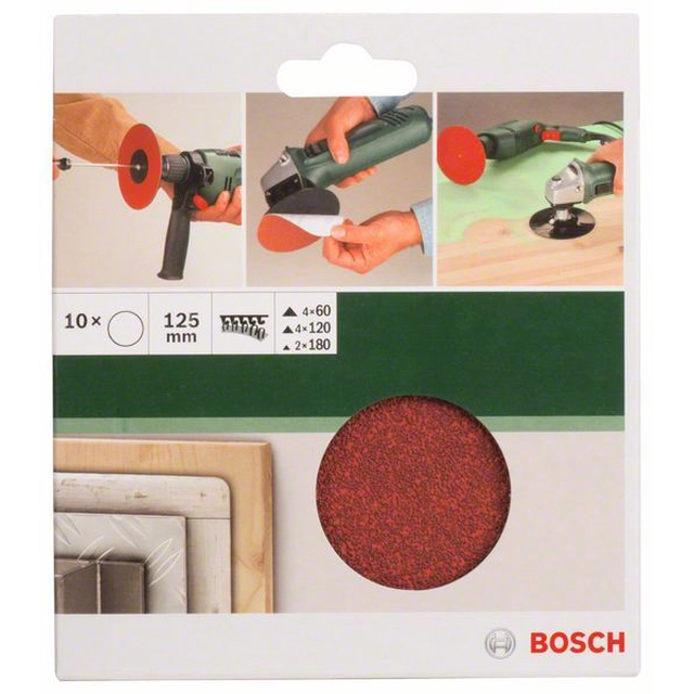 BOSCH 10-częściowy set of sanding sheets for angle grinders and drills D -125 mm-K-60 –180, 10 pcs.