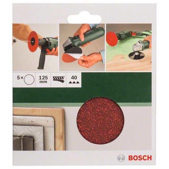BOSCH 5-częściowy jeu de feuilles abrasives pour meuleuses d&#39;angle et perceuses D -125 mm-K-40, 5 pièces