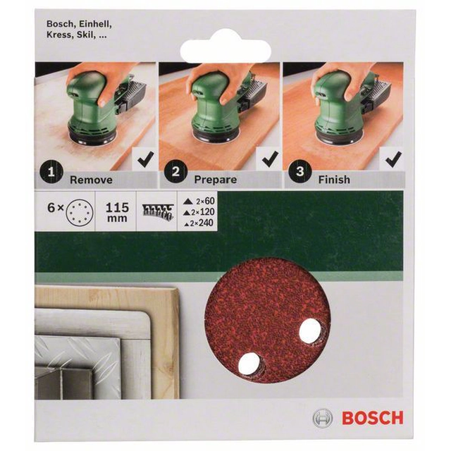 BOSCH 6-częściowy zestaw papierów ściernych do szlifierek mimośrodowych 115 mm