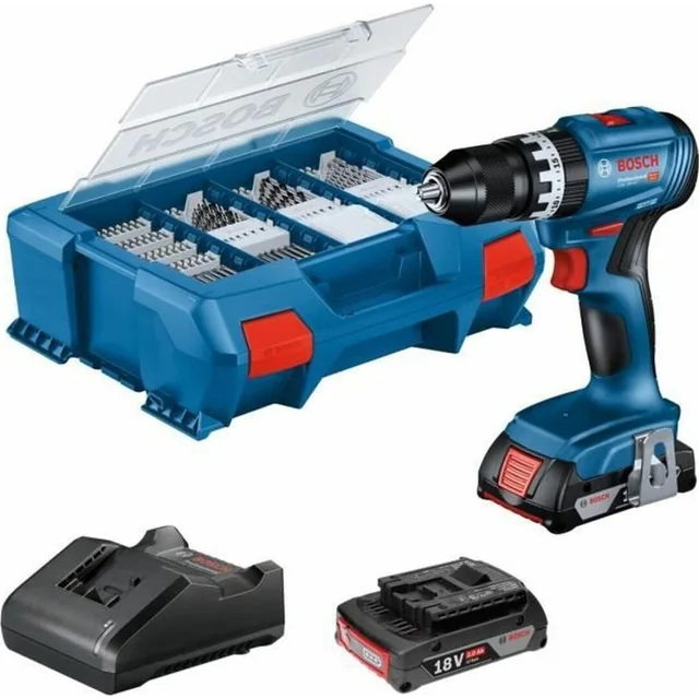 Bosch boormachine Bosch accu-combiboormachine GSB 18V-45 Professional, 18Volt (blauw/zwart, 2x Li-ion accu 2.0Ah, 82-piece accessoireset, in L-koffer)