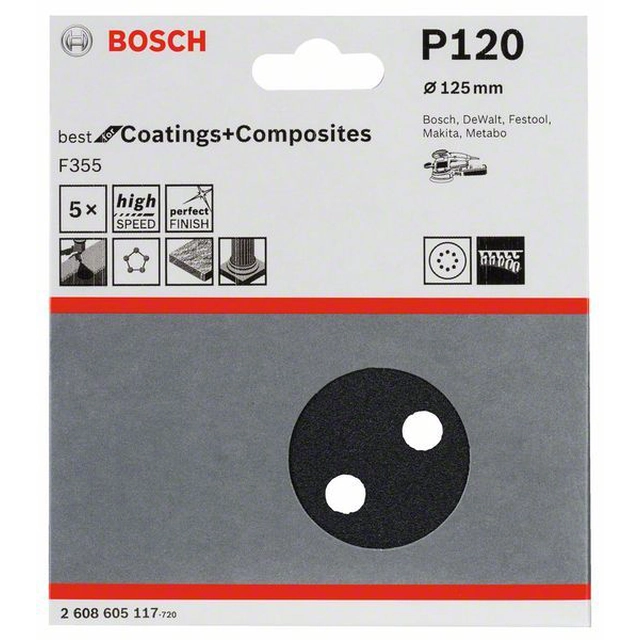 BOSCH brusni papir F355, ambalaža 5 kom.125 mm,120