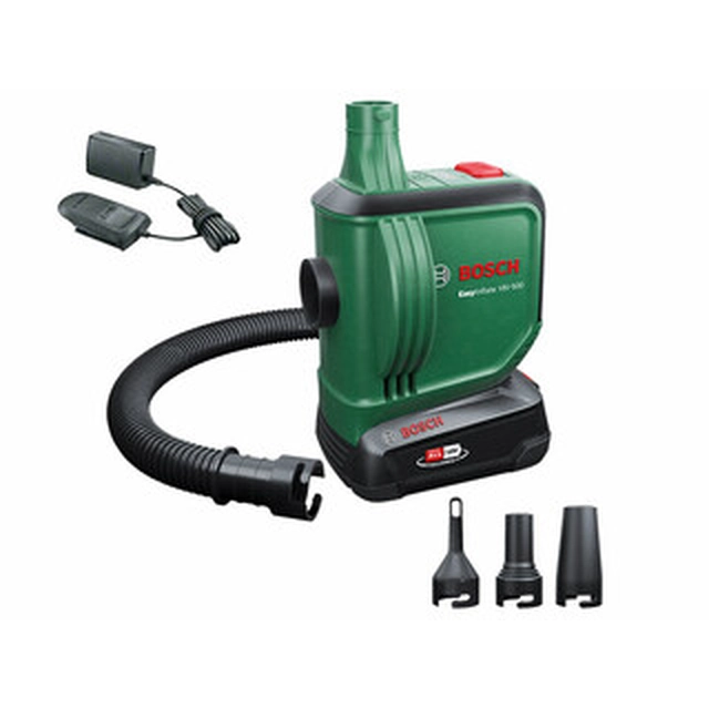 Bosch EasyInflate 18V-500 akumuliatoriaus siurblys 18 V | 530 l/min | 0,03 baras | Anglies šepetėlis | 1 x 2 Ah baterija + įkroviklis | Kartoninėje dėžutėje