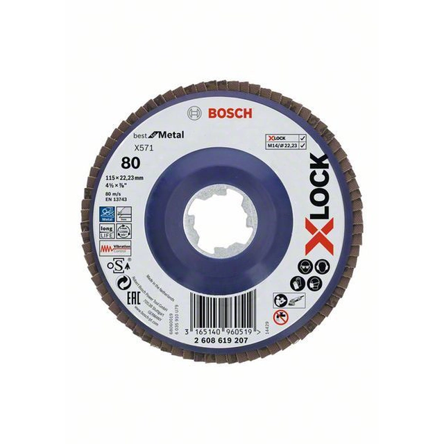 BOSCH Flap discs with X-LOCK system, straight version, plastic plate, Ø115 mm, g 80, X571, Best for Metal,1 pcs