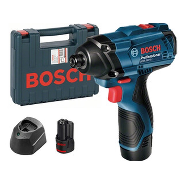 Bosch GDR 120-LI cordless impact driver with bit holder 12 V | 100 Nm | 1/4 inches | Carbon brush | 2 x 2 Ah battery + charger | In a suitcase
