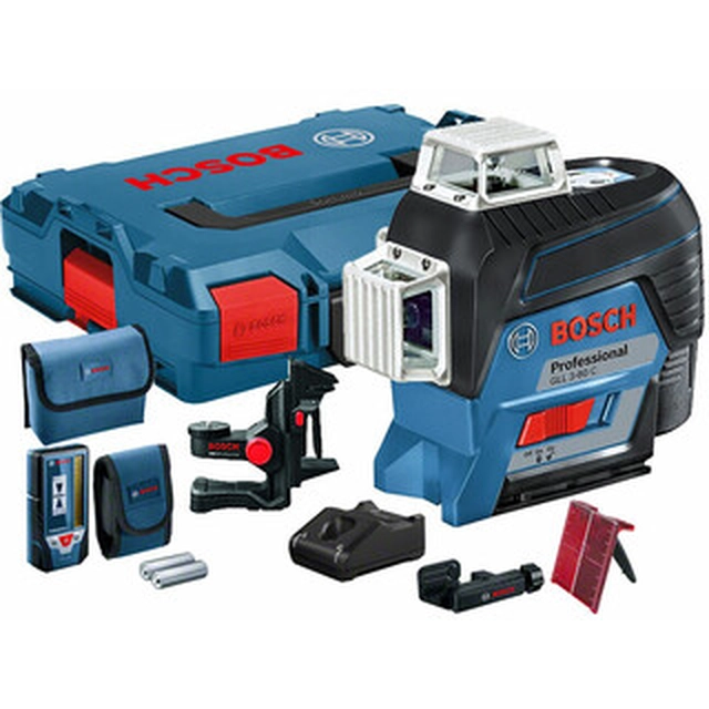 Bosch GLL 3-80 C+BM 1+LR 7+L-Boxx 136 Rødlinjelaser Effektiv stråle med signalinterceptor: 0 - 120 m | 1 x 2 Ah batteri + oplader | i L-Boxx