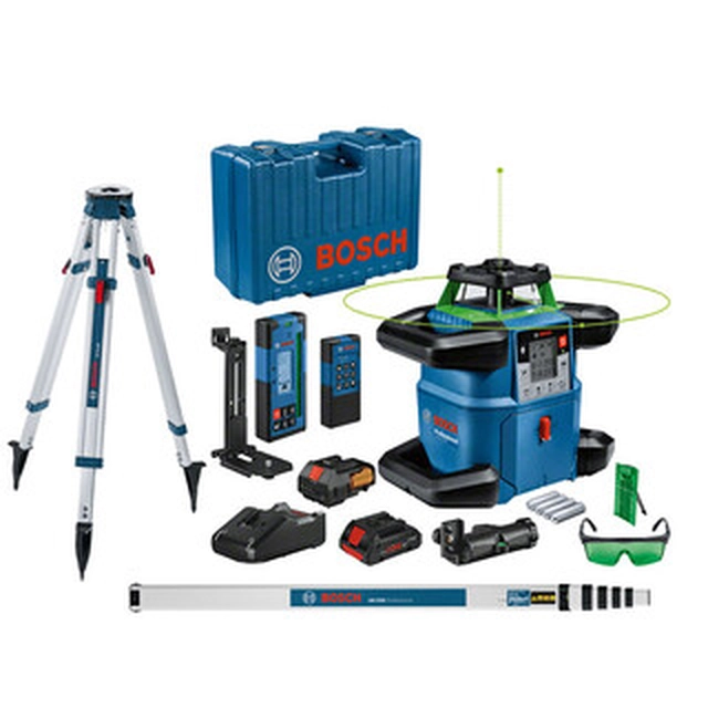 Bosch GRL650+BT170+GR500 roterende laser Område: 0 - 35 m/0 - 325 m | 1 x 4 Ah batteri + töltő/4 x batteri + batteriadapter | I en kuffert