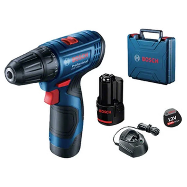 Bosch GSR 120-LI cordless drill driver with chuck 12 V | 14 Nm/30 Nm | Carbon brush | 2 x 2 Ah battery + charger | In a suitcase