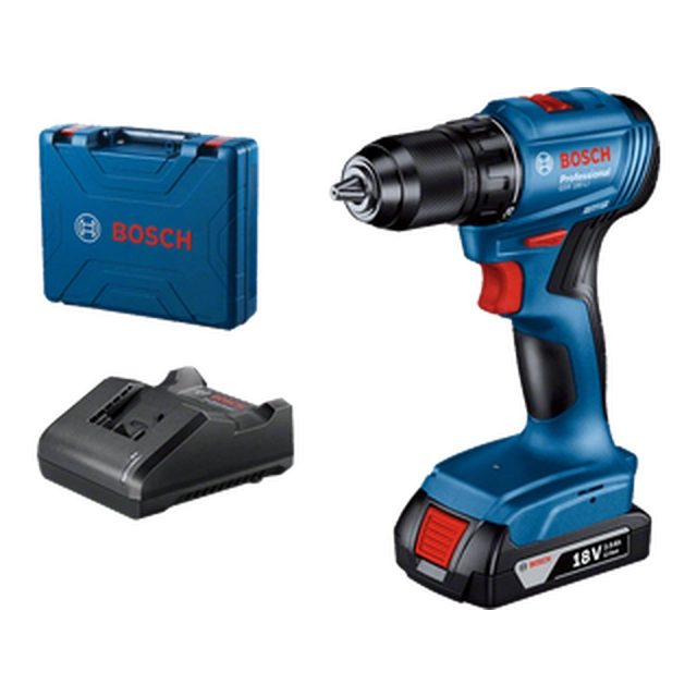 Bosch GSR 185-LI akkuporakone, jossa istukka 18 V|21 Nm/50 Nm | Hiiliharjaton |1 x 2 Ah akku + laturi | Matkalaukussa