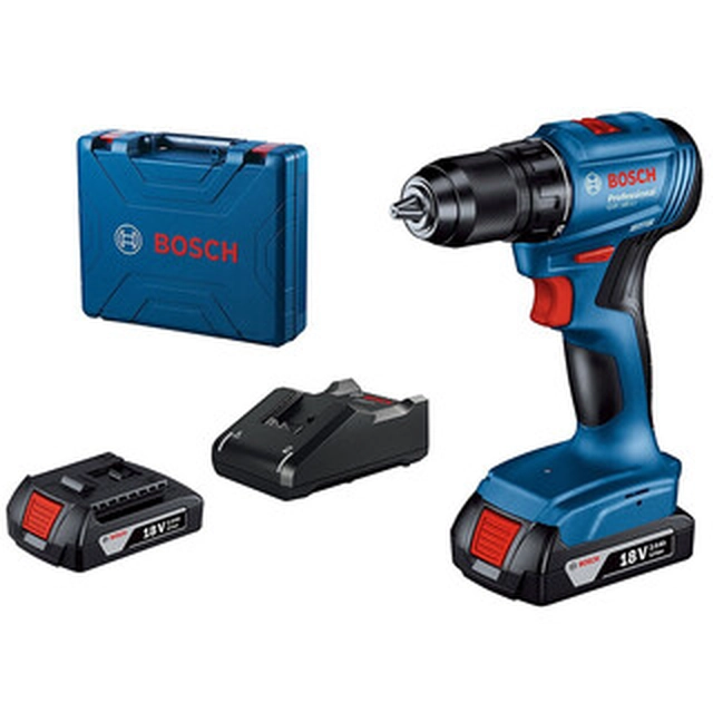 Bosch GSR 185-LI cordless drill driver with chuck 18 V | 21 Nm/50 Nm | Carbon Brushless | 2 x 2 Ah battery + charger | In a suitcase