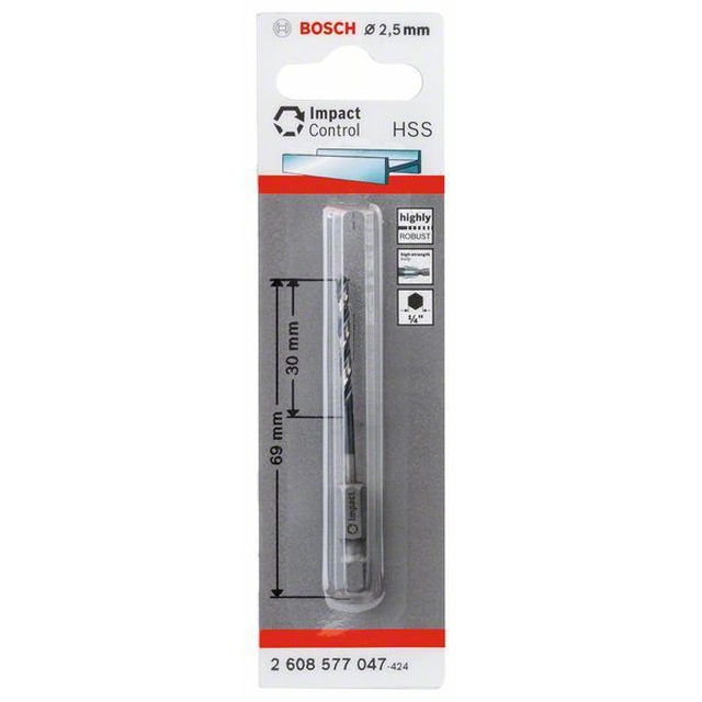 BOSCH HSS Twist Drill 2,5 mm, with hex shank 2.5 x 30 x 69 mm