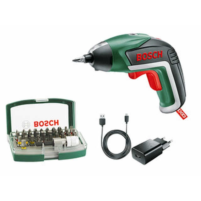 Bosch IXO V cordless screwdriver 3,6 V | 3 Nm/4,5 Nm | 1/4 bits | Carbon brush | Mains charger | In a cardboard box