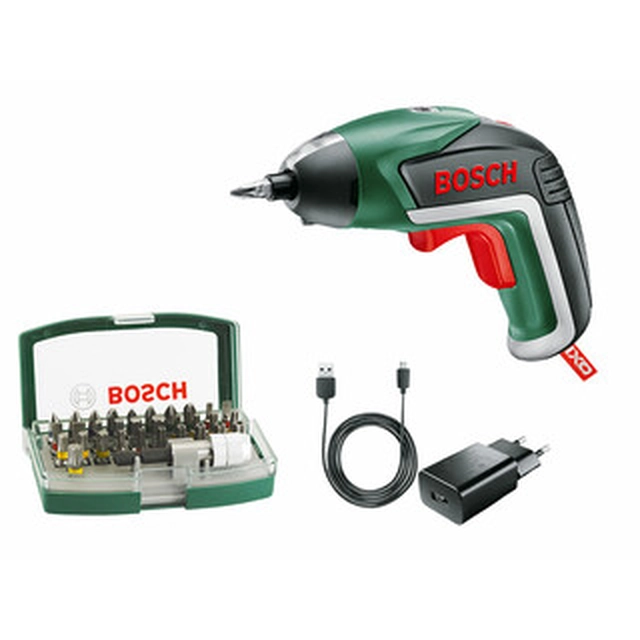 Bosch IXO V cordless screwdriver 3,6 V | 3 Nm/4,5 Nm | 1/4 inches | Carbon brush | Mains charger | In a cardboard box