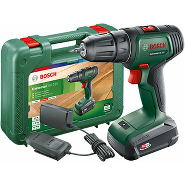 Bosch UniversalDrill 18 batteridrevet boremaskine med borepatron 18 V | 23 Nm/32 Nm | Kulbørste | 1 x 1,5 Ah batteri + oplader | I en kuffert