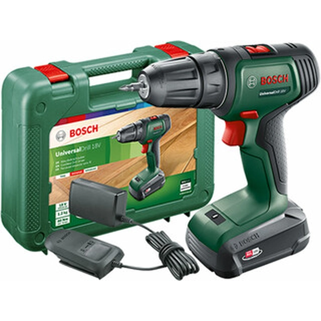 Bosch UniversalDrill 18 cordless drill driver with chuck 18 V | 23 Nm/32 Nm | Carbon brush | 1 x 1,5 Ah battery + charger | In a suitcase