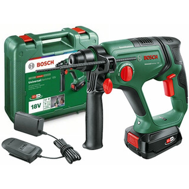 Bosch UniversalHammer 18V akumulatora urbjmašīnas-kaltu āmurs 18 V | 2 J | Betonā 16 mm | 2 kg | Oglekļa suka | 1 x 2,5 Ah akumulators + lādētājs | Čemodānā