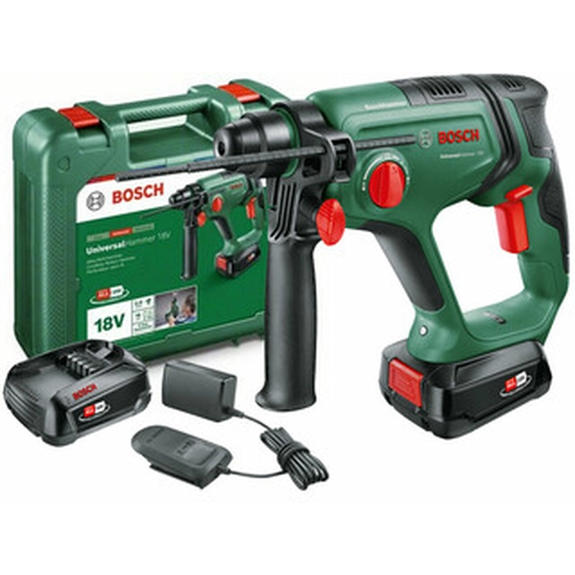 Bosch UniversalHammer 18V akumulatora urbjmašīnas-kaltu āmurs 18 V | 2 J | Betonā 16 mm | 2 kg | Oglekļa suka | 2 x 2,5 Ah akumulators + lādētājs | Čemodānā