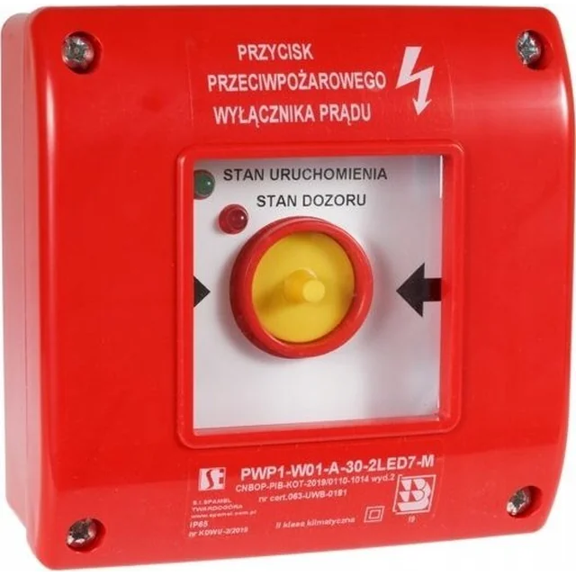 Botão de proteção manual contra incêndio Spamel PWP1 (1NC) com certificado CNBOP - 2LED verde/vermelho 230V