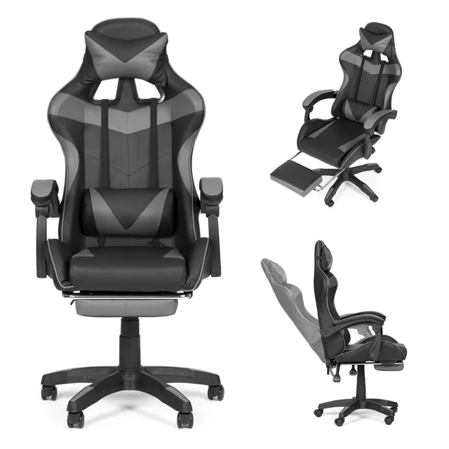 Bucket gaming chair, office chair with adjustment and gray footrest cushions