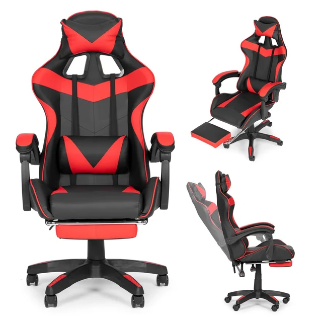 Bucket gaming chair, office chair with adjustment and red footrest cushions