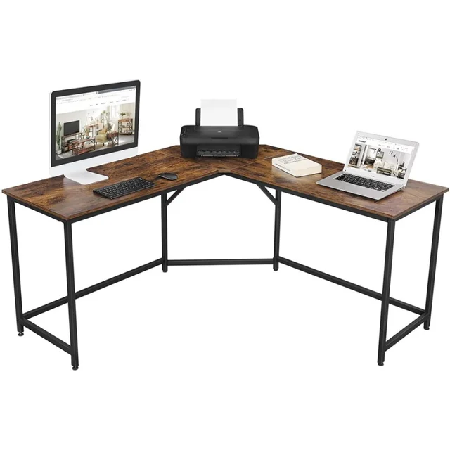 Bureau d'ordinateur d'angle, marron, structure en acier