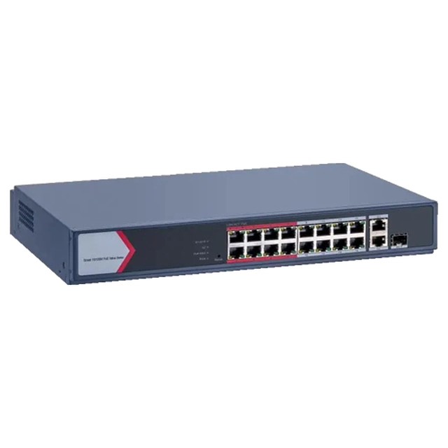 Byt 16 PoE-portar 100Mbps, 1 Gigabit combo-port, 1 Gigabit RJ45, SMART Management - Hikvision DS-3E1318P-EI-M