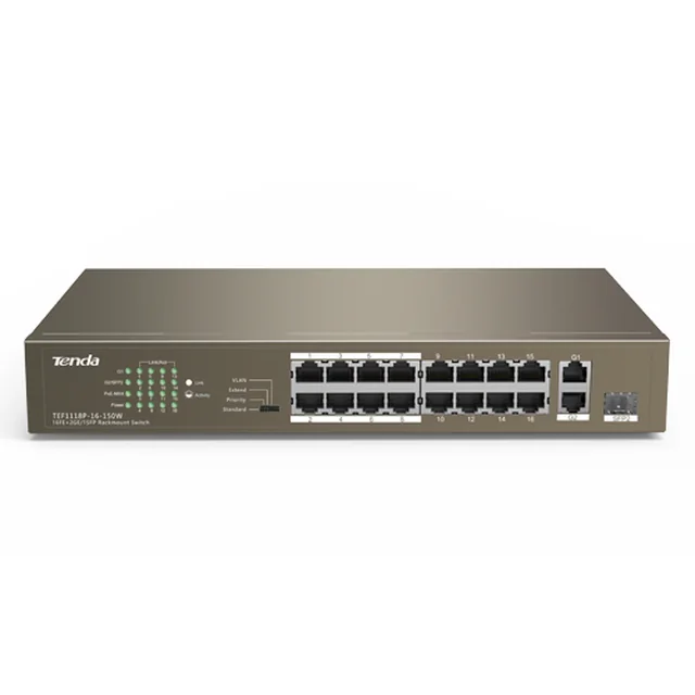 Byt 24 PoE-portar 10/100 Mbps, 2 RJ45 Gigabit-portar, 1 Gigabit SFP-port - TENDA TND-TEF1126P-24-250W-V30