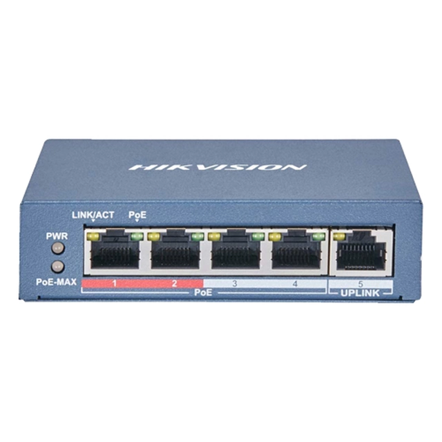 Byt 4 portar 100 Mb PoE, 1 upplänksport RJ45 100 Mb, SMART Management - Hikvision DS-3E1105P-EI-M