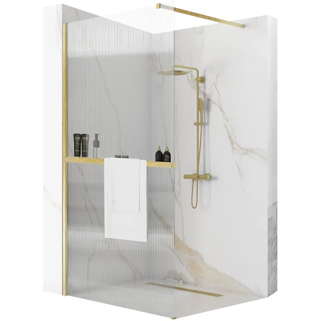 Rea Aero Intimo Gold Brushed N 120 Walk In shower wall with shelf and Evo hanger