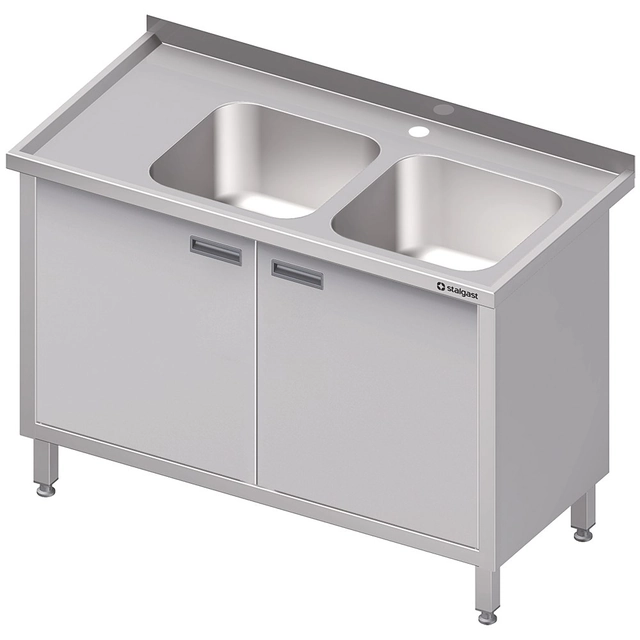 Stainless steel table with a 2-bowl sink(P) swing door 1300x700 | Stalgast