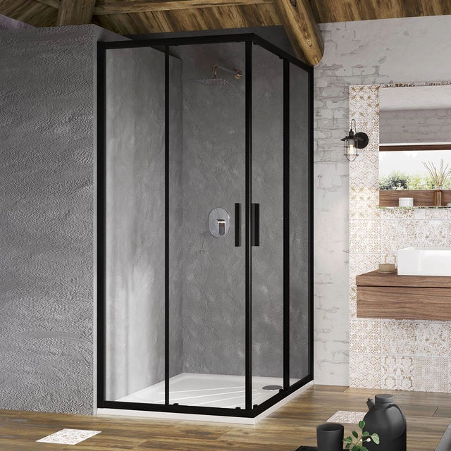Cabină de duș pătrată Ravak Blix Slim, BLSRV2-90 negru+sticlă transparentă