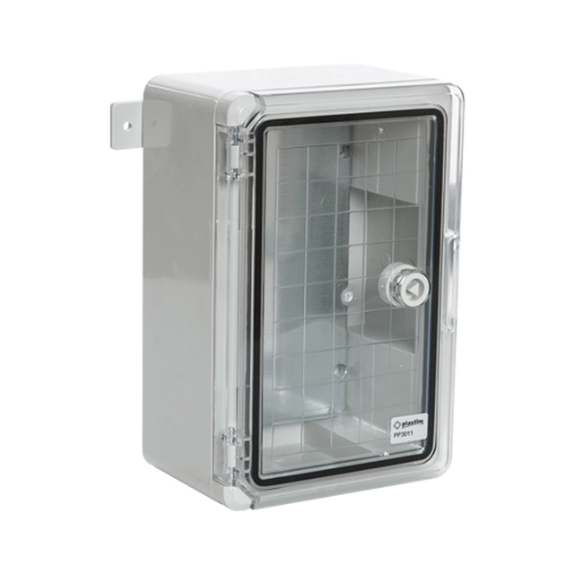 Caja de distribución IP65, gris, puerta transparente, placa metálica, 300x400x170 mm PP3014