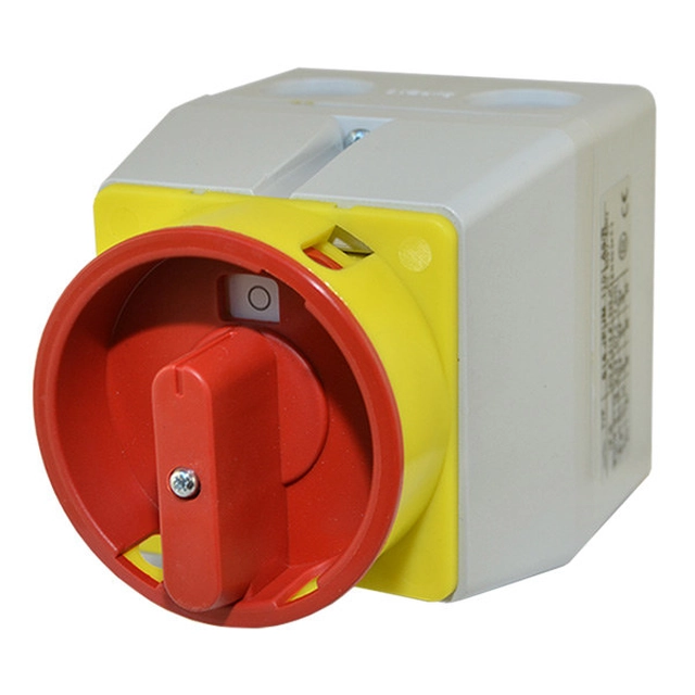 Cam switch in a plastic housing with the possibility of closing on 3 padlocks (5-8mm), red knob,0-I (enable - disable),16A, 3 field,IP65