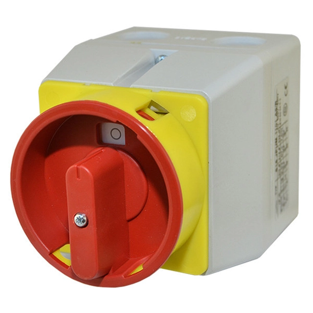 Cam switch in a plastic housing with the possibility of closing on 3 padlocks (5-8mm), red knob,0-I (enable - disable),25A, 3 field,IP65