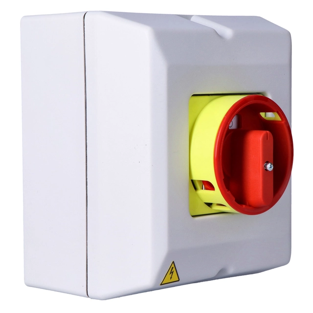 Cam switch in a plastic housing with the possibility of closing on 3 padlocks (5-8mm), red knob,0-I (enable - disable),63A, 3 field,IP65