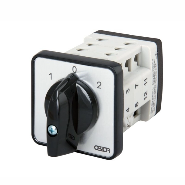 Cam switch VSN 20 A, black small front panel, black controller, switching diagram 1-0-2 45° pole changing switch