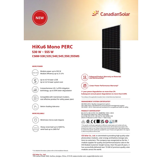 Canadense HiKu6 550W Mono PERC Monofacial