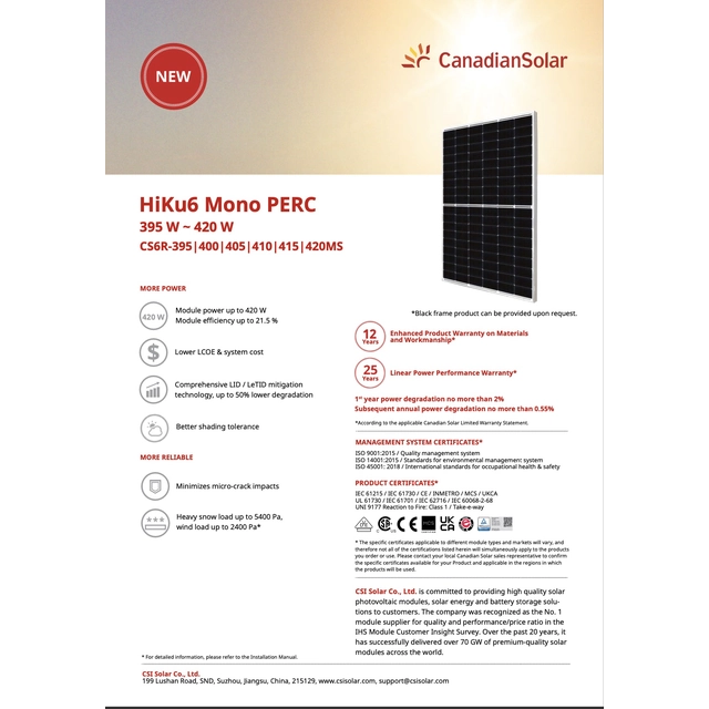 Canadian Solar 405 Ban benCS6R-405 SF - RAKTÁRON!!!