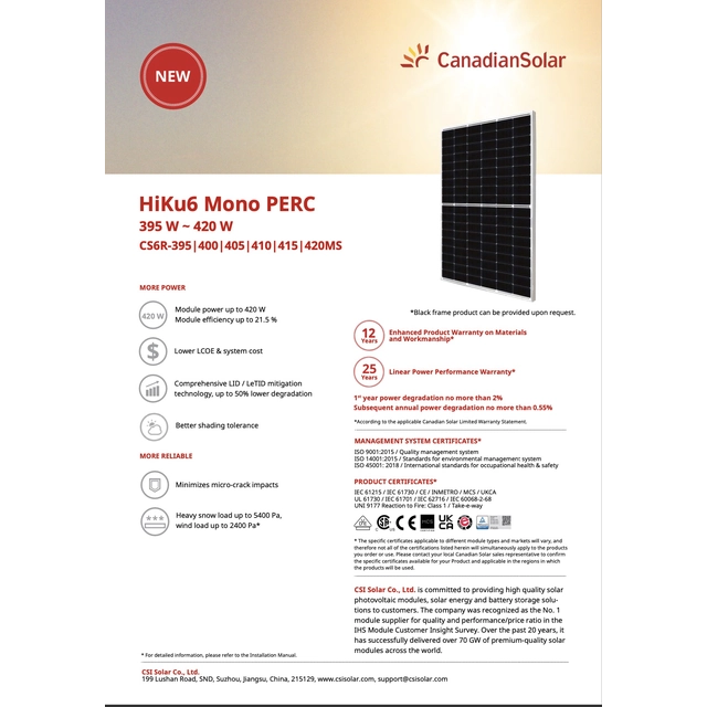 Canadian Solar 410 W CS6R-410 SF - NA LAGERU!!!