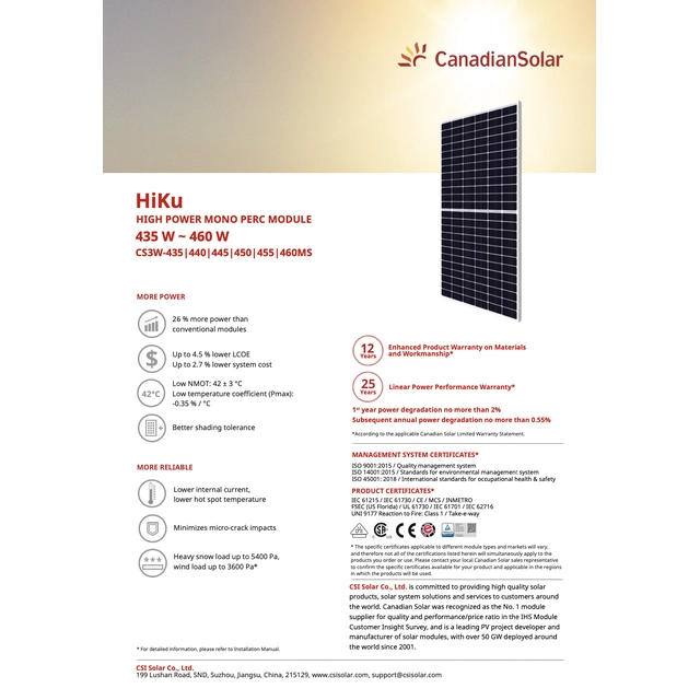 Canadian Solar CS3W-450MS, 35 mm MODUŁ MONO PERC WYSOKA WYDAJNOŚĆ