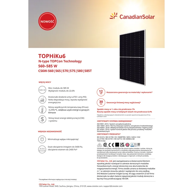 Canadian Solar фотоволтаичен панелен модул 580W TOPHiKu6 580Wp CS6W-580 сребърна монохромна рамка 580 W Wp TOPCon