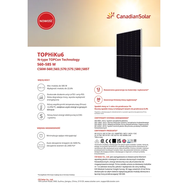 Canadian Solar fotovoltaikus panel modul 580W TOPHiKu6 580Wp CS6W-580 Ezüst Mono félbevágott keret 580 W Wp TOPCon