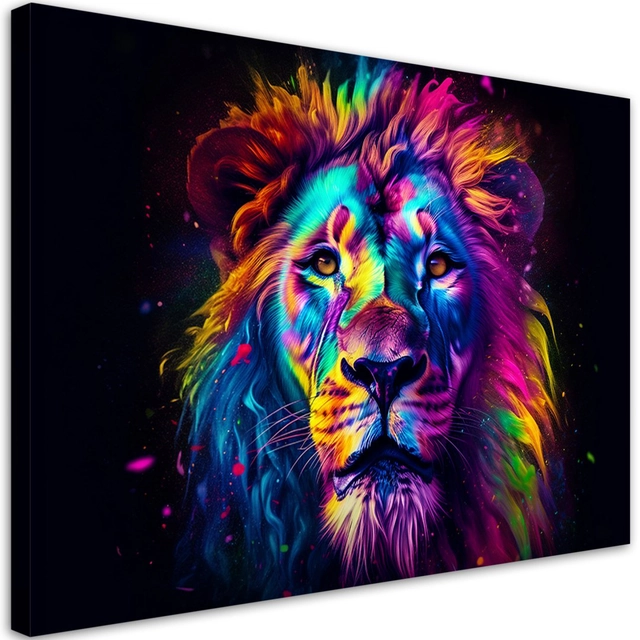 Canvas Print, Kleurrijk Neon Portret van Leeuw Ai -120x80