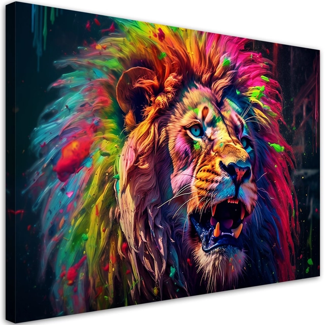 Canvas Print, Neon Kleurrijke Leeuw -120x80