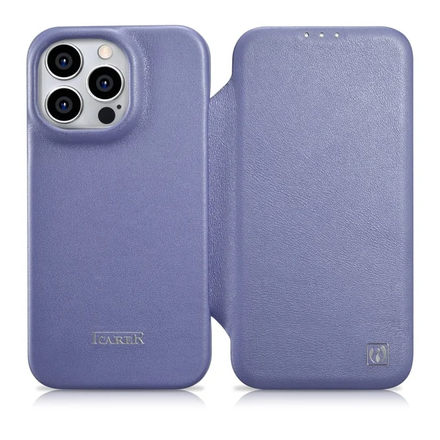 Capa de couro para iPhone 14 Pro Max com flip magnético MagSafe CE Premium couro roxo claro