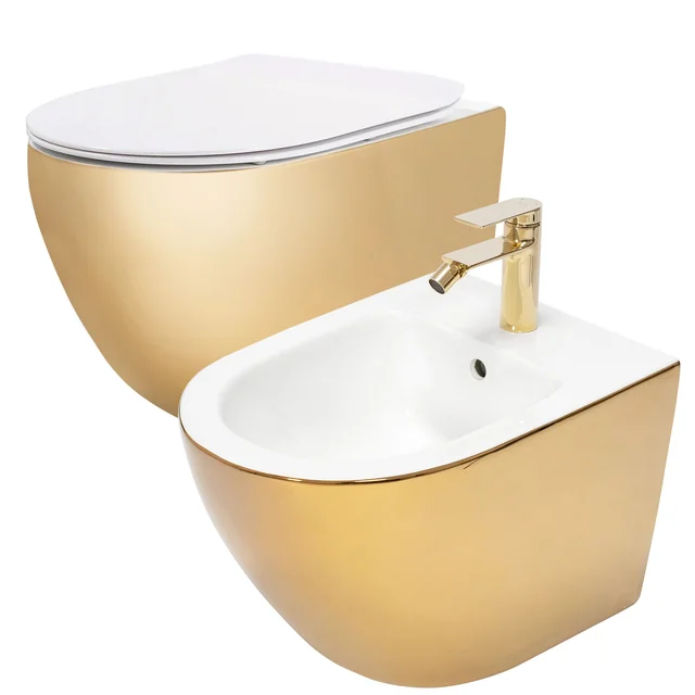 Carlo Mini Flat toilet bowl + Carlo Mini bidet, gold and white set