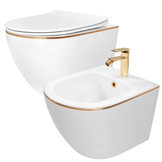 Carlo Mini platte toiletpot + Carlo Mini bidetset met witgouden rand